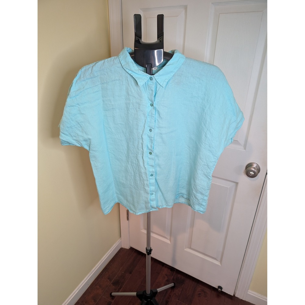 Eileen Fisher Button Down Aqua Organic Linen Short Sleeve Boxy Top - Size L